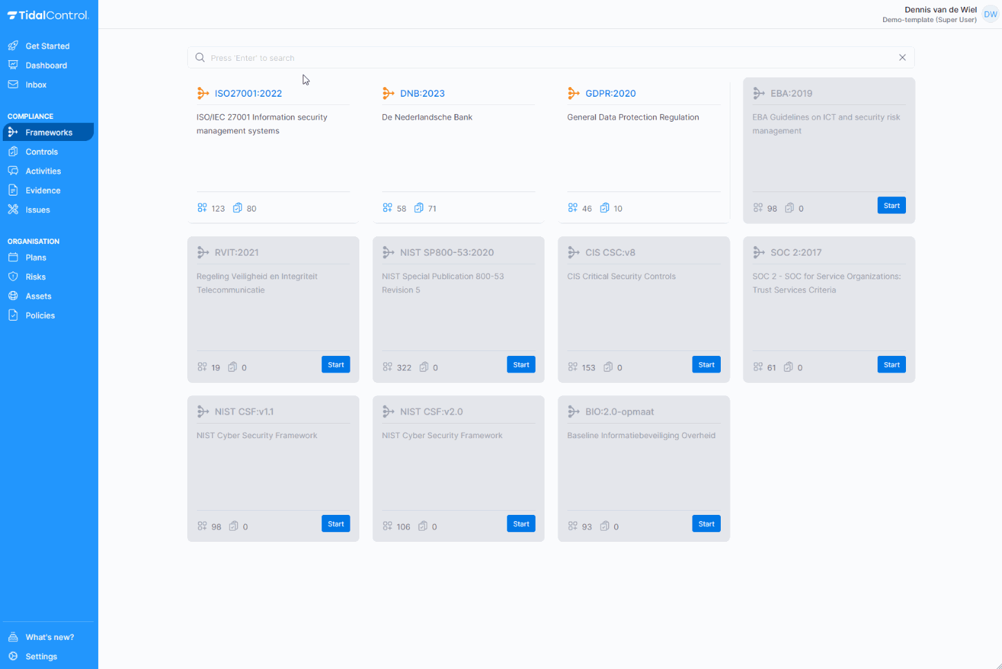 Frameworks-pagina met KPI's
