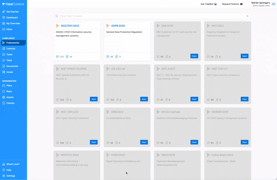 Frameworks pagina met daarin de nieuwe frameworks