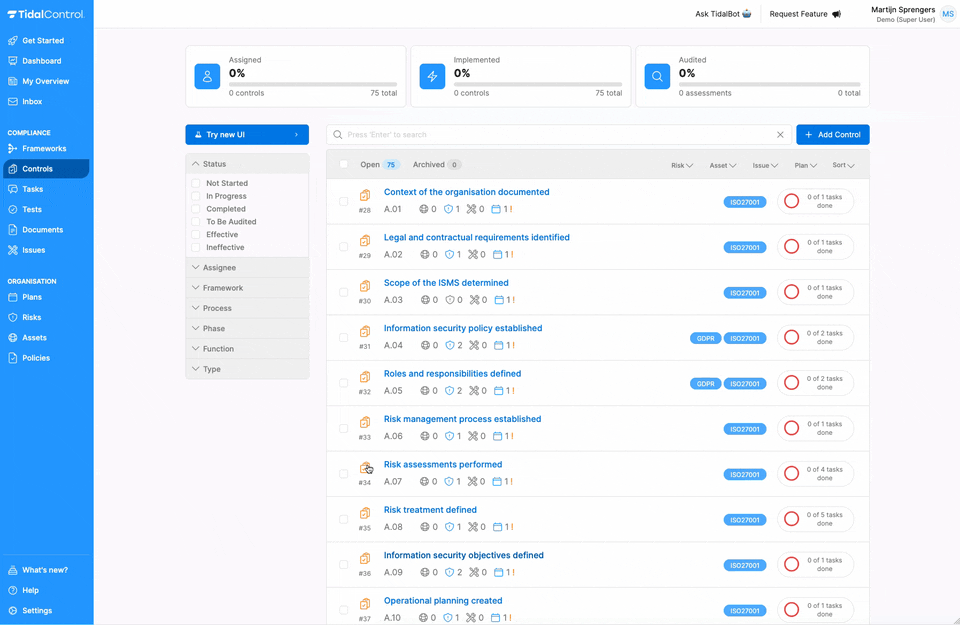 Nieuwe controls overzichtspagina