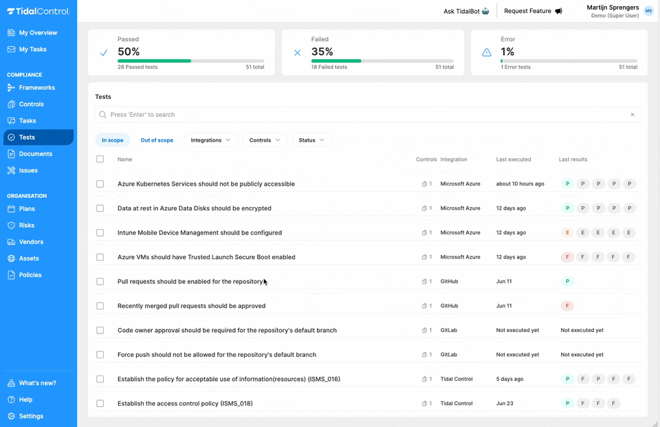 Uitgebreide Tests interface met filters
