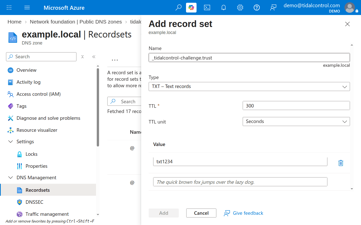 Het TXT-recordset toevoegen in Azure DNS