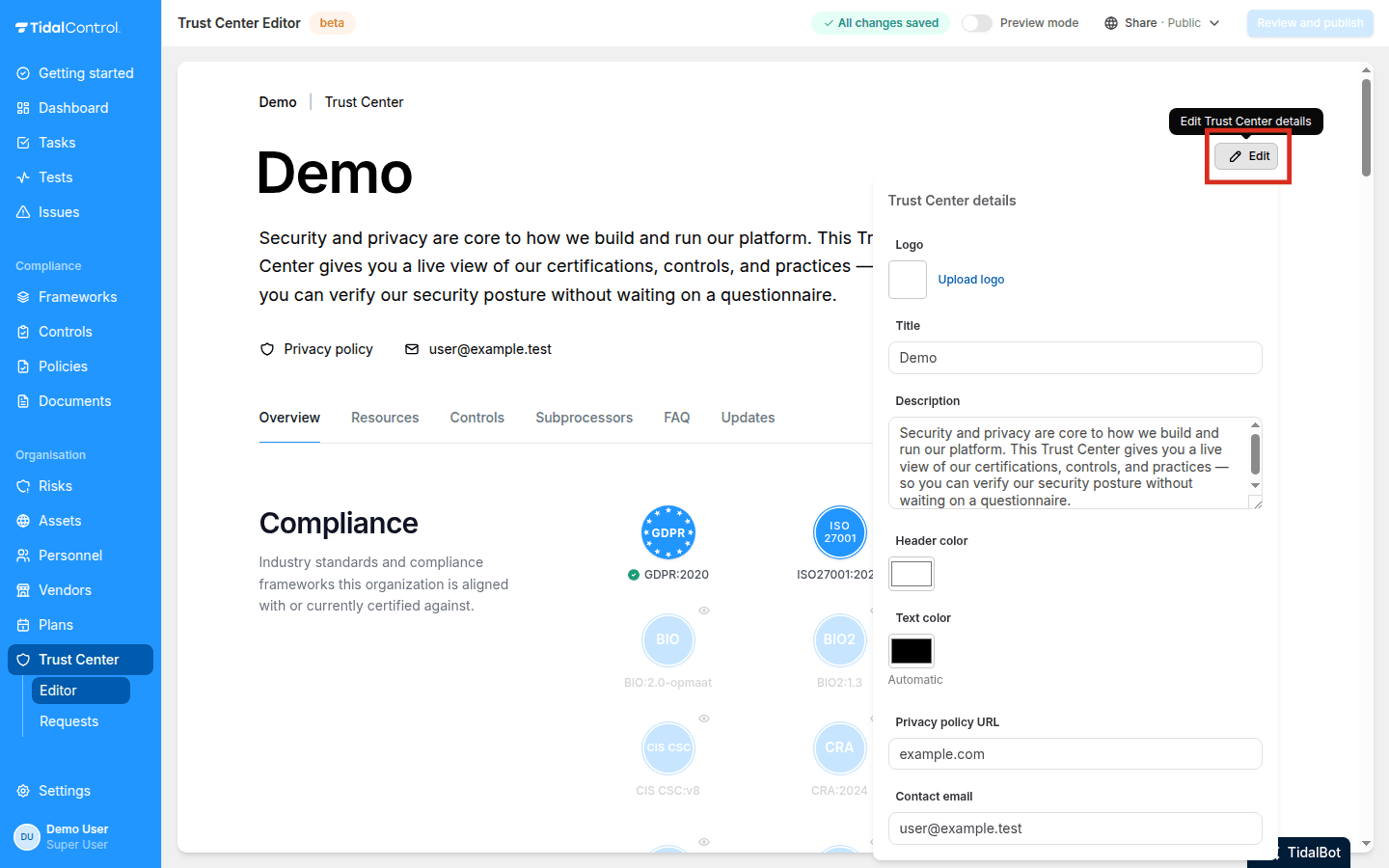 Trust Center details bewerken in de Trust Center editor