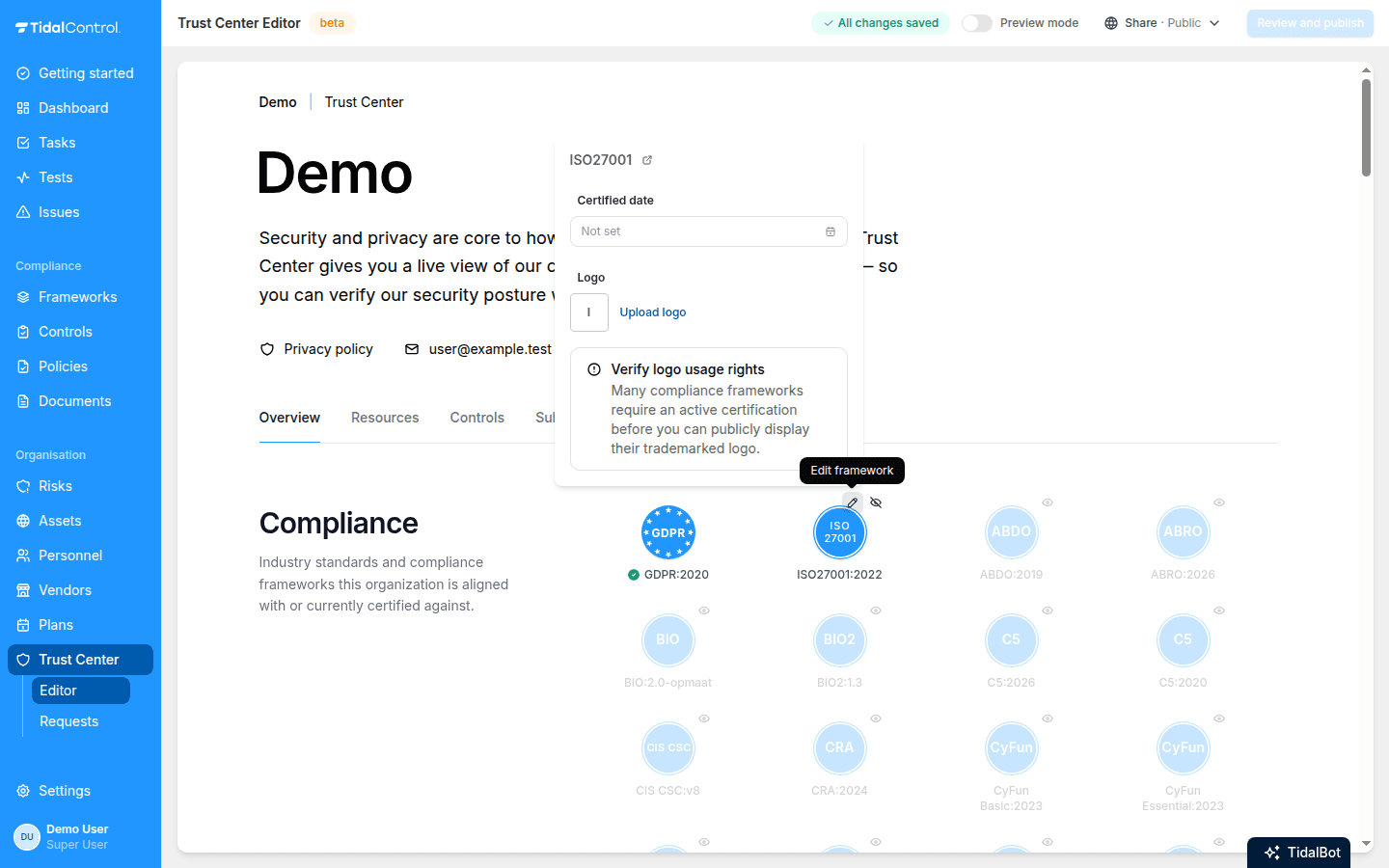 Een framework bewerken in de Trust Center editor