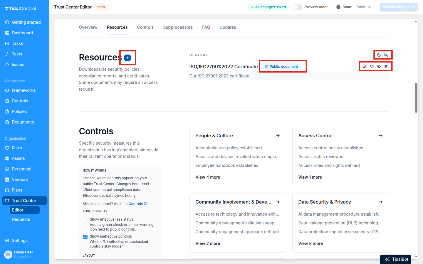 De toevoegknop, zichtbaarheidsbadge en actie-iconen in de Resources-sectie van de Trust Center editor