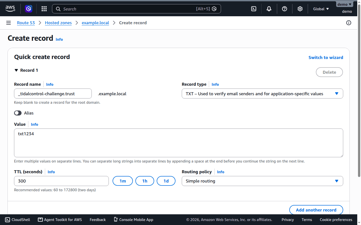 Het TXT-record aanmaken in AWS Route 53