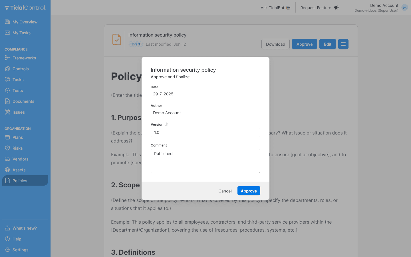 Policy versioning functionality