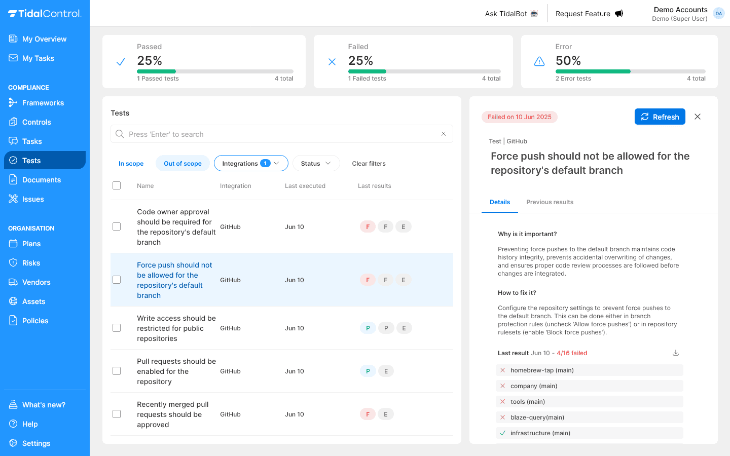 GitHub security tests interface