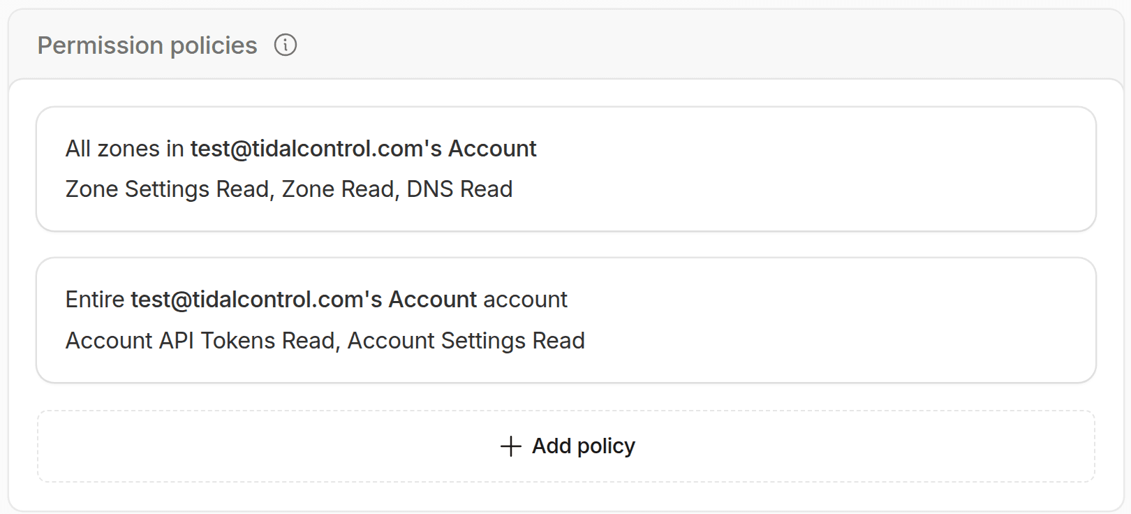 Cloudflare-permissionpolicies met leesrechten voor zones, zone-instellingen, DNS, account-API-tokens en accountinstellingen