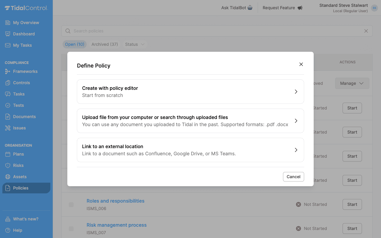 Start policy options