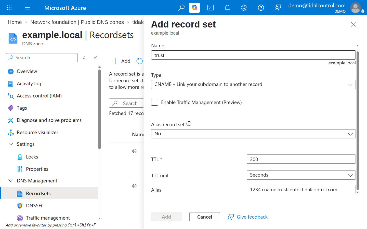 Het CNAME-recordset toevoegen in Azure DNS