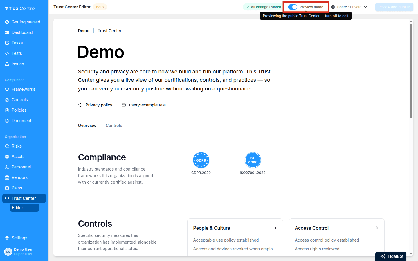 Trust Center-pagina in preview-modus