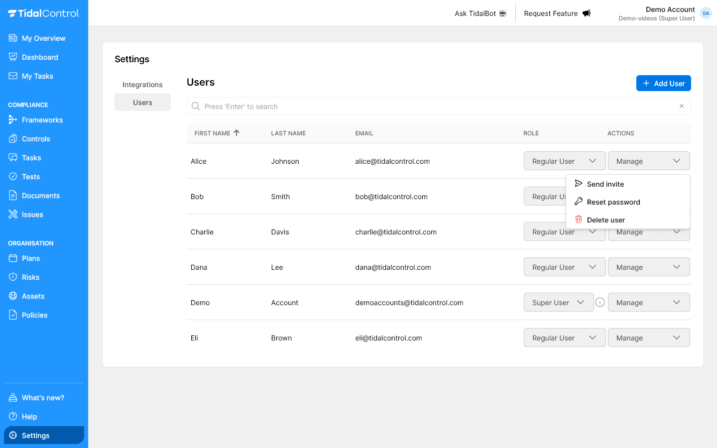 User actions menu