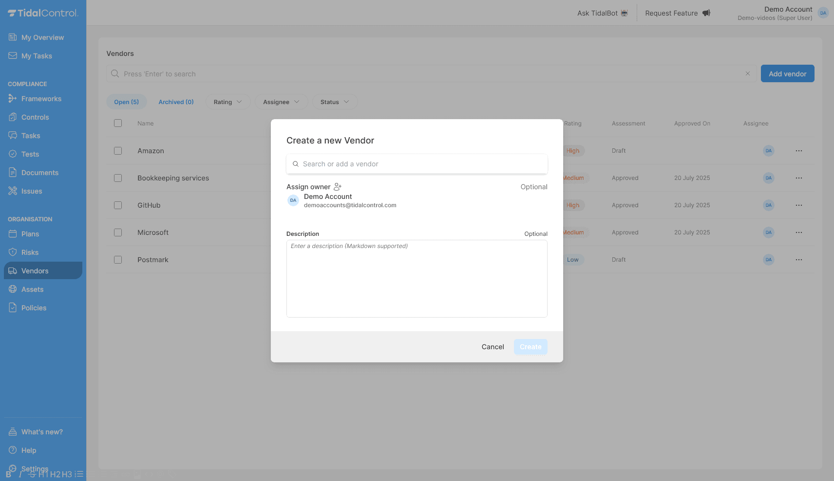 Create new vendor dialog