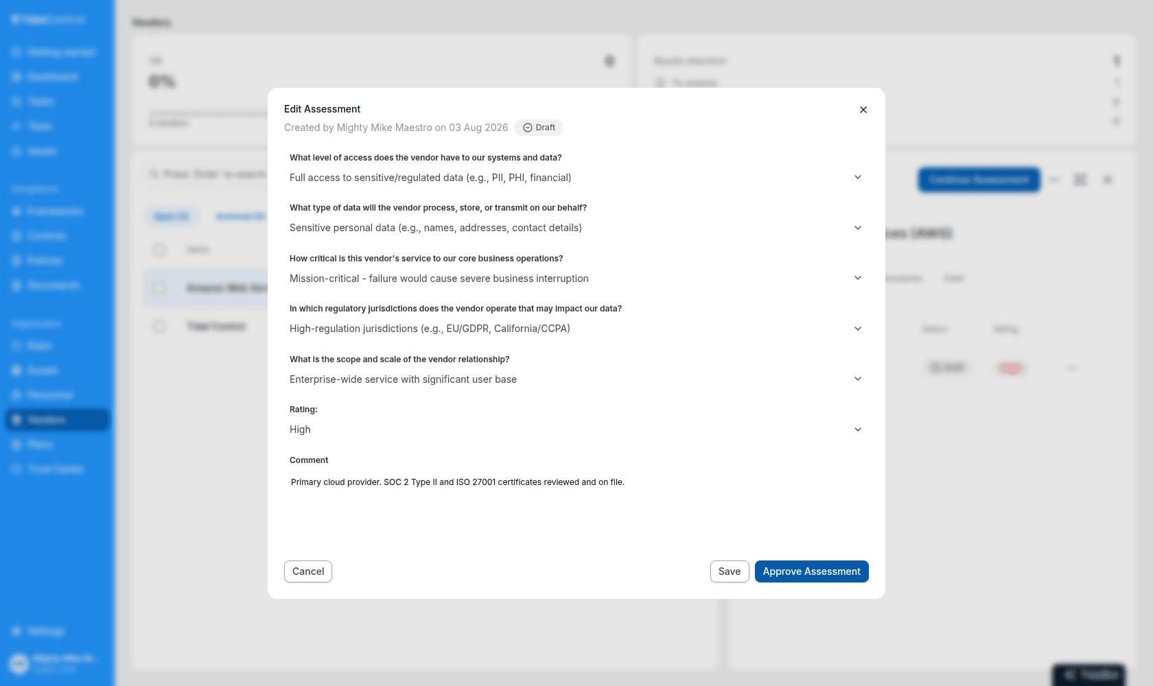 Vendor assessment dialog