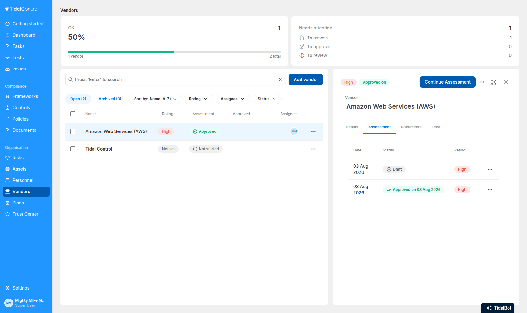 Assessment history on the vendor detail panel