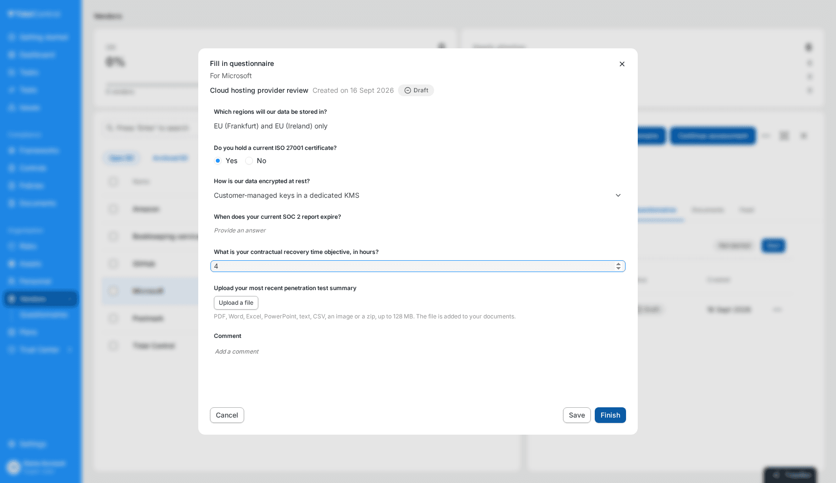 Filling in a vendor questionnaire