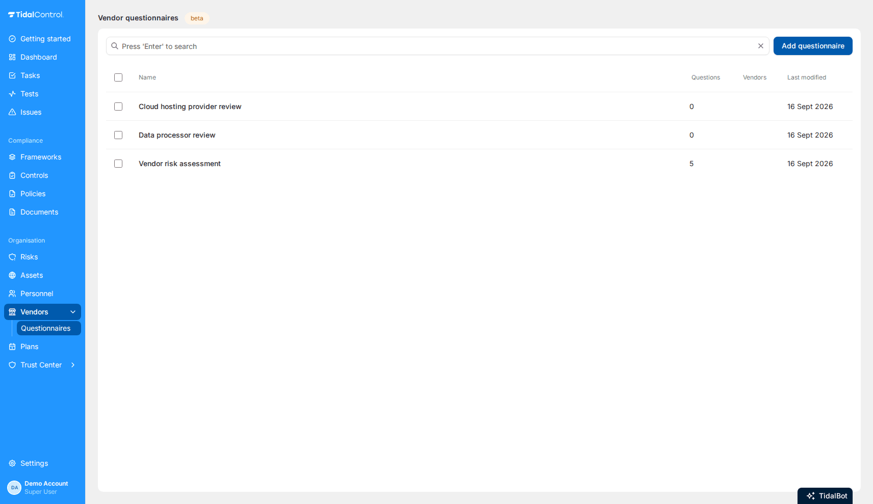 Vendor questionnaires overview