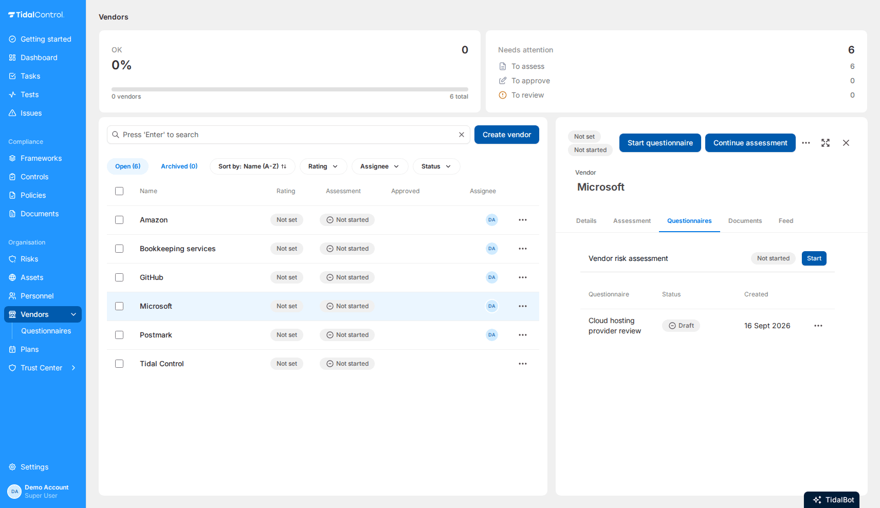Questionnaires tab on a vendor