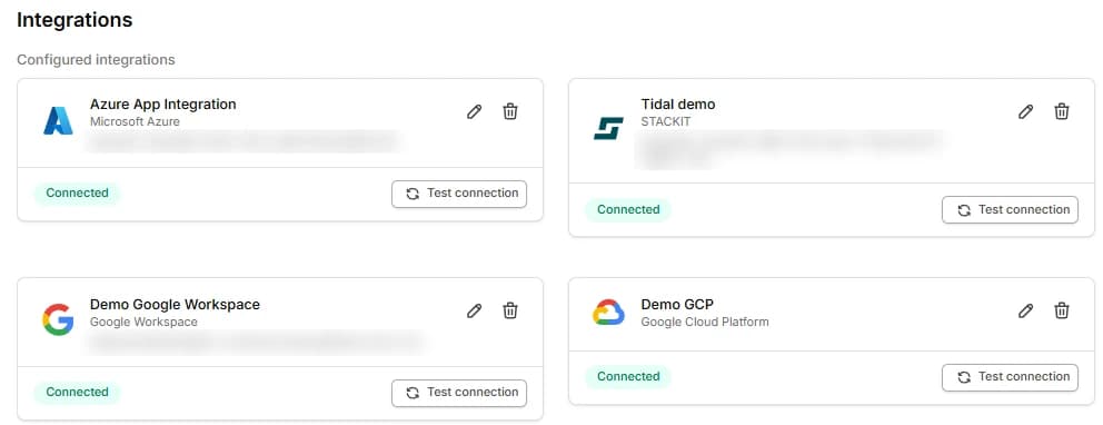 Connected integrations in Tidal Control, including Azure, Google Workspace and Google Cloud