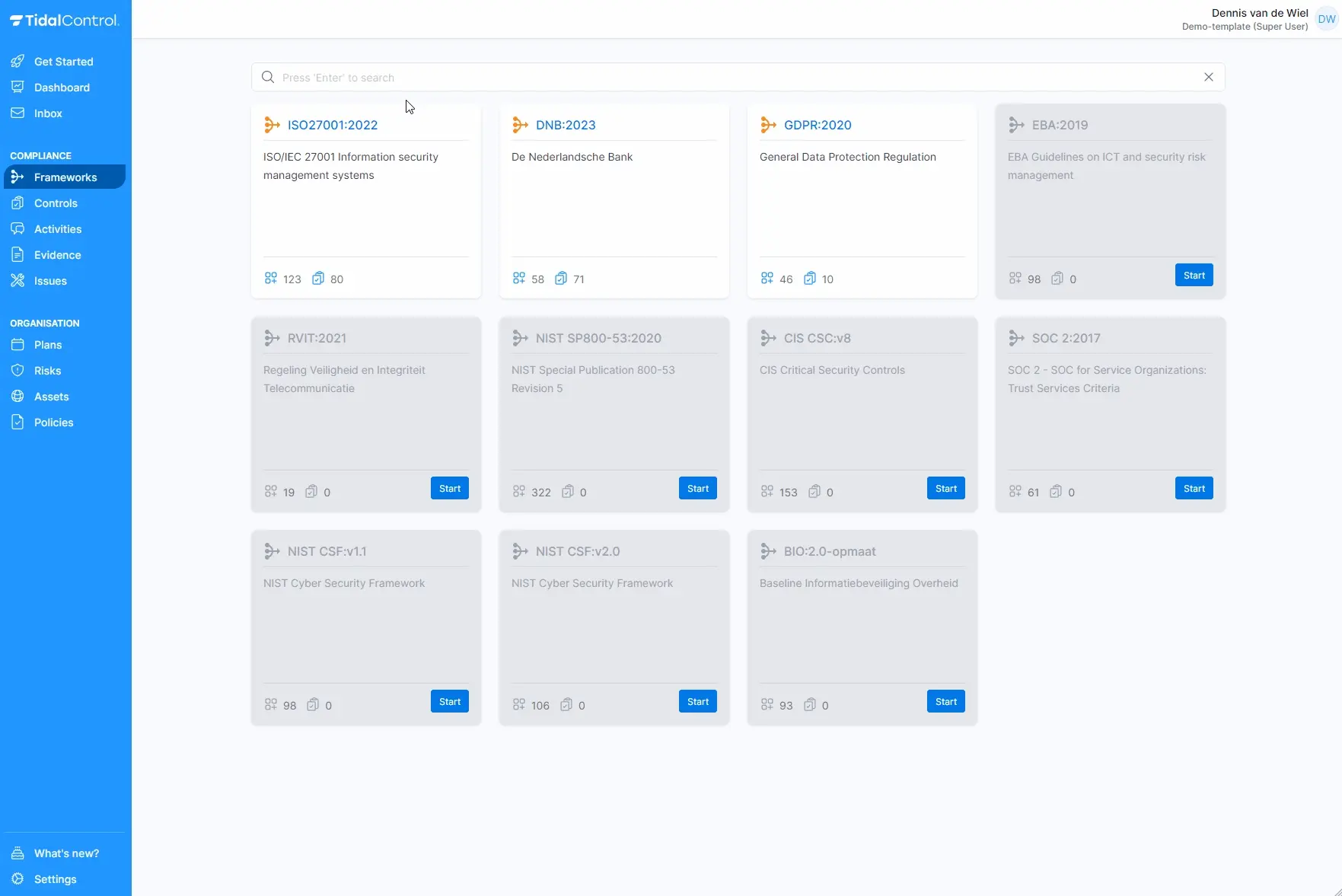 Frameworks page with KPIs