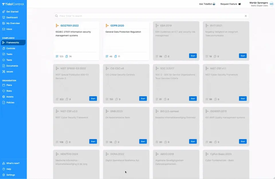 Frameworks page showing the new frameworks