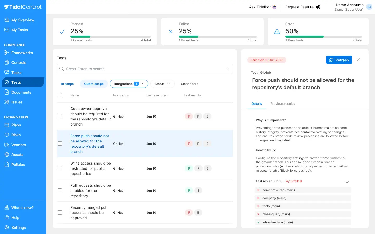 GitHub security tests interface