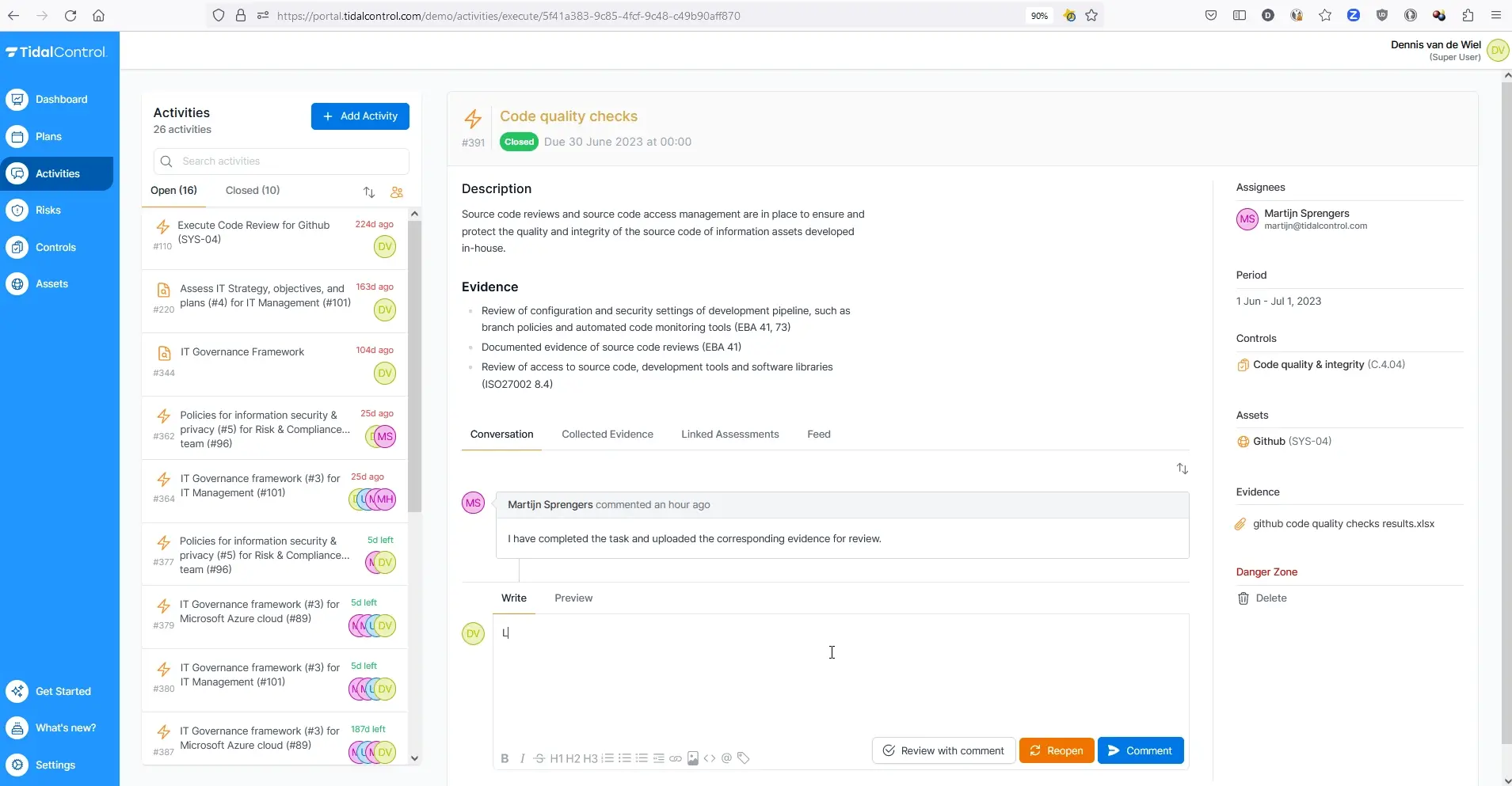 Review activities interface