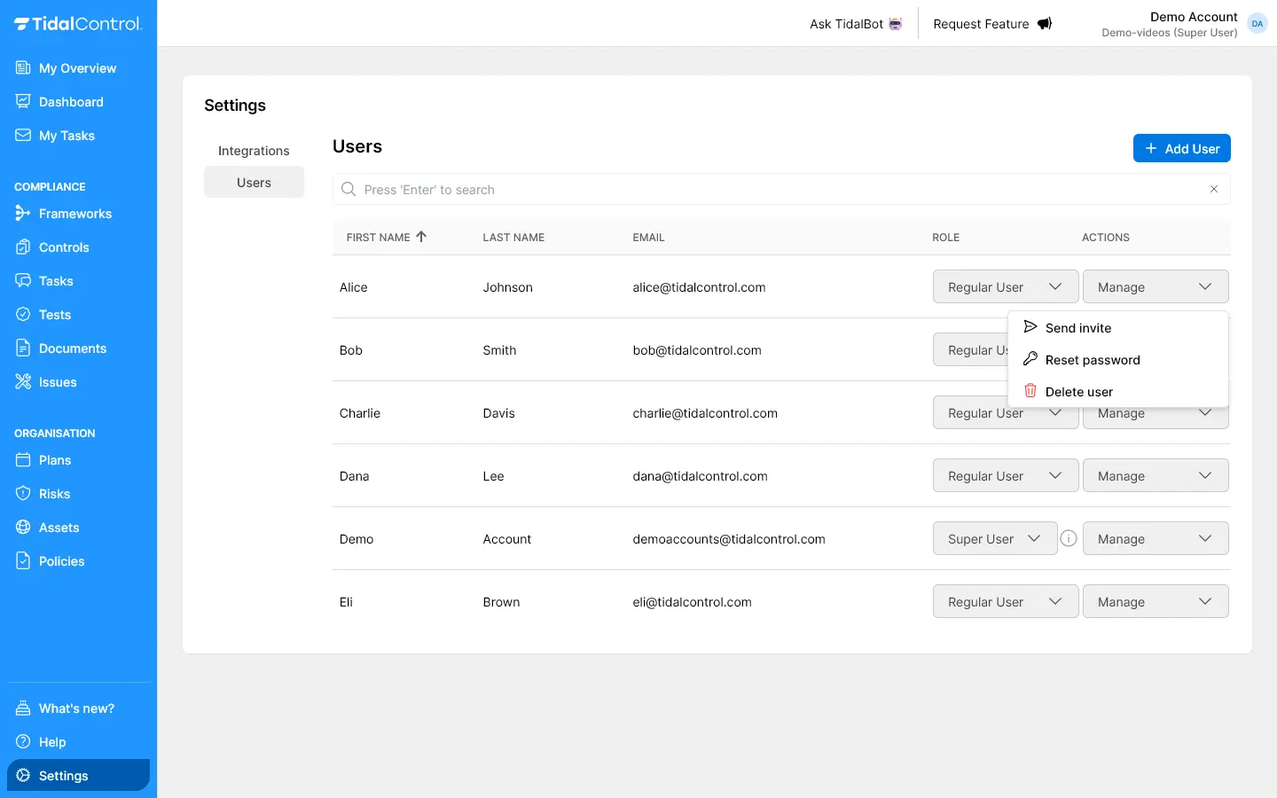 User actions menu